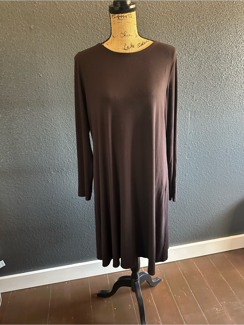 Eileen Fisher L Deep Brown Plum Swing Dress Long Sleeve Stretch